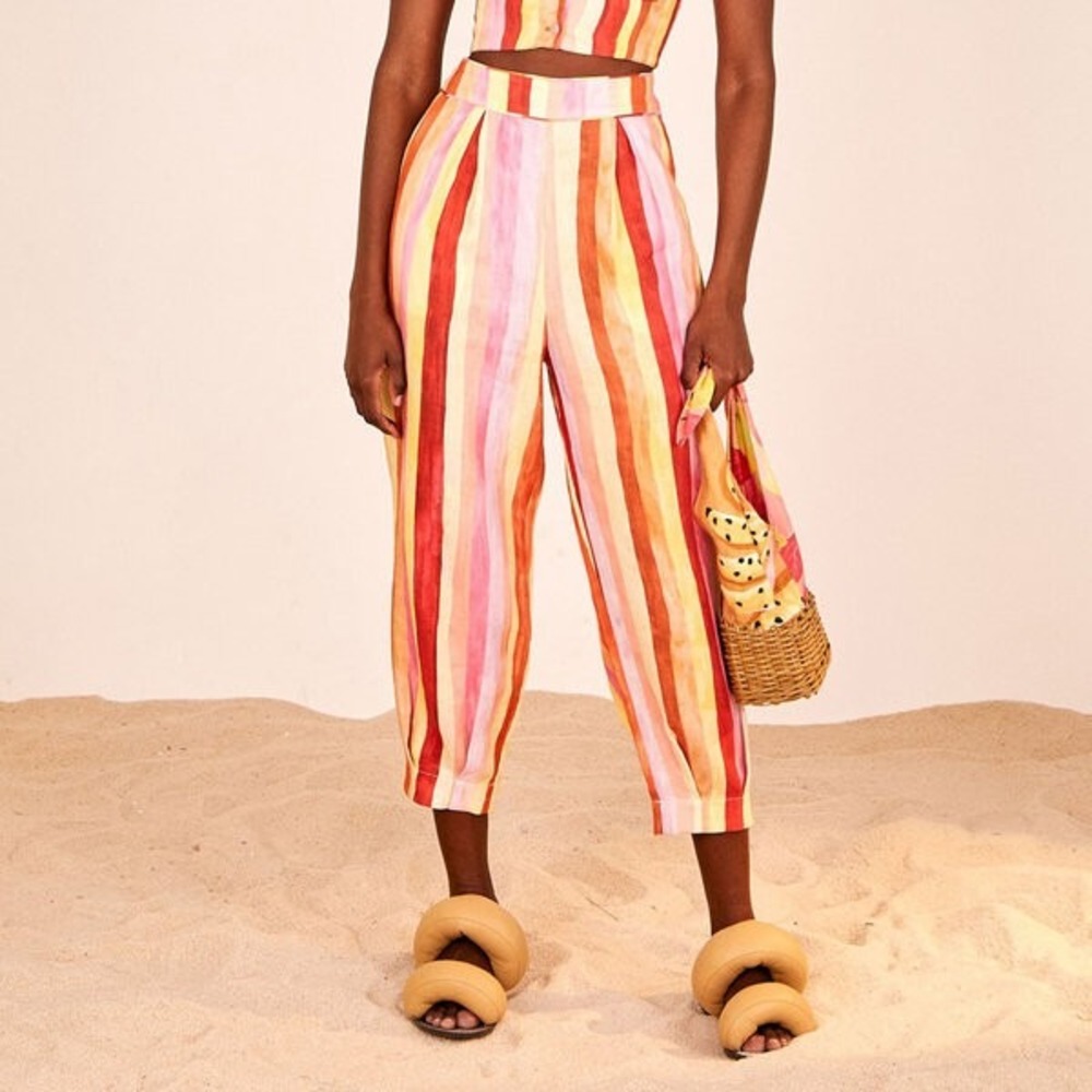 Farm Rio Sunny Stripe Pants XS Multi Color High Rise Linen Tapered MSRP $190
